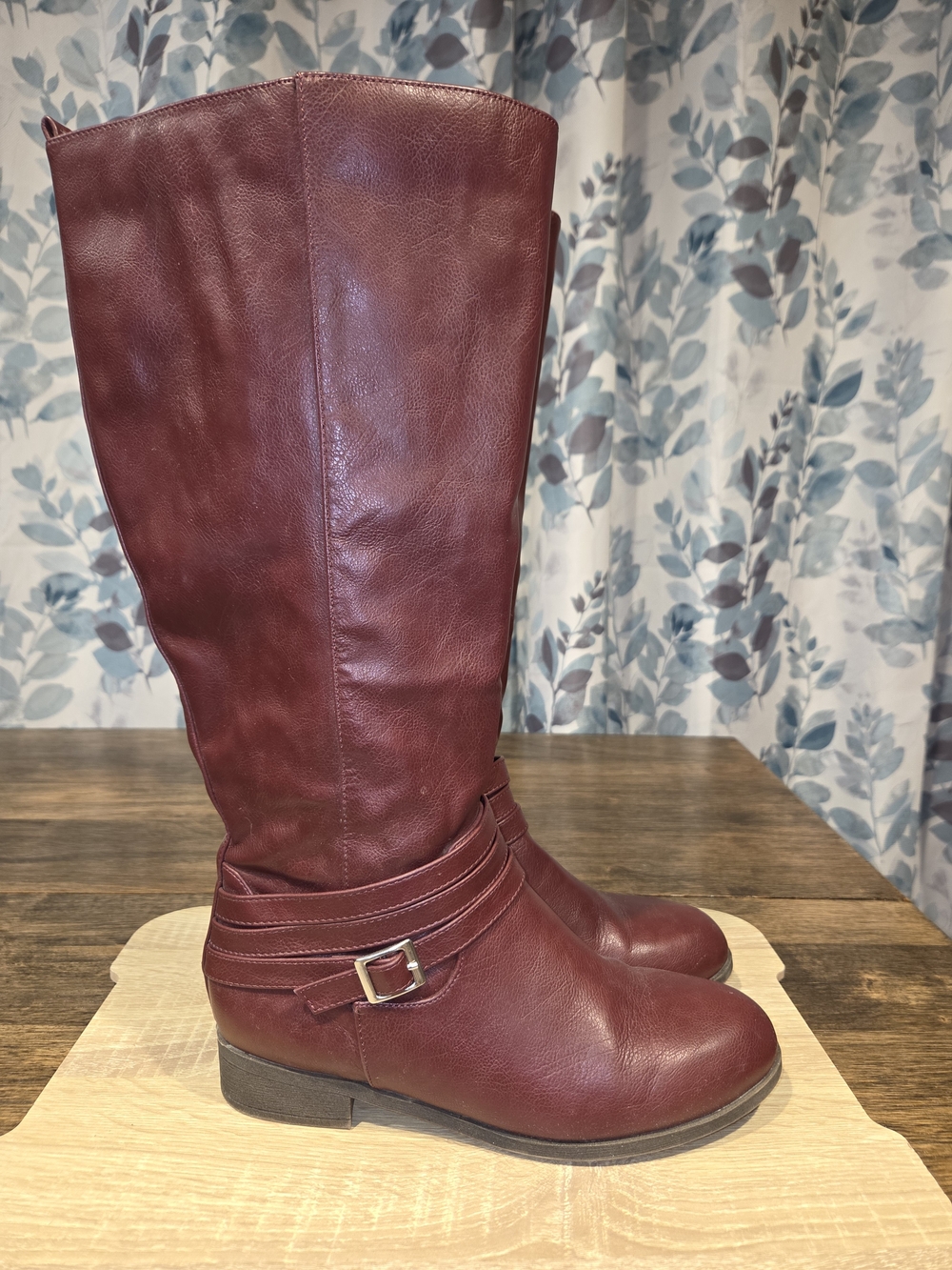 Slim Buckle Tall Riding Boots in Burgundy